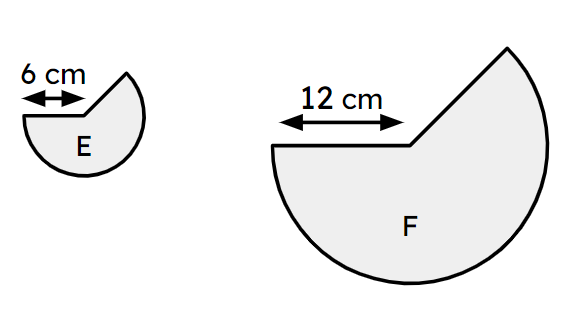 Sectors E and F are similar. The area of sector E is 30π cm². What is the area of sector F?