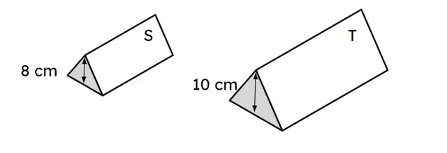 Prism S and prism T are similar. What is the scale factor of enlargement from prism S to prism T?