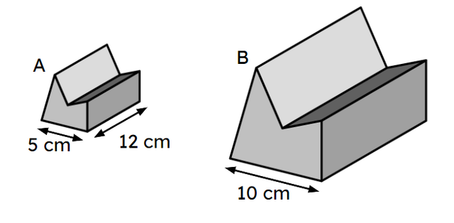 Prism A and prism B are similar. The end face of prism A has an area of 15 cm². The volume of prism B is <span class="blank">______</span> cm³.