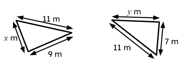 The diagram shows a pair of congruent triangles. The length of the side marked <Math>y</Math> is <span class="blank">______</span> m.