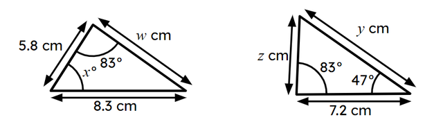 These two triangles are congruent. Match each side length to its value.