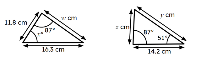 These two triangles are congruent. Match each side length to its value.