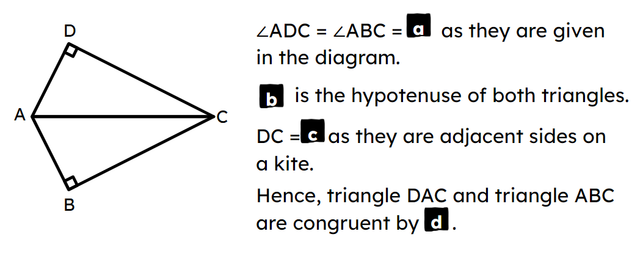 Match each letter which the correct statement to complete the proof that triangle DAC and triangle ABC are congruent.