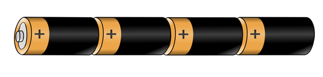 What is the voltage of a battery of four 1.5 V cells connected in the same direction in series?