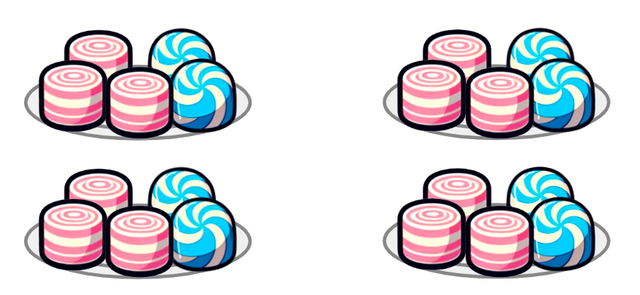 Look at the image below. Select the multiplication expression that represents the amount of sweets.