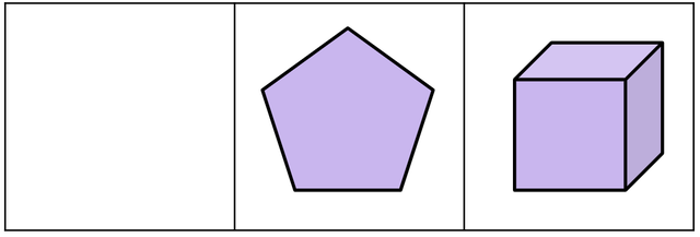 The cube is to the __________ of the pentagon.