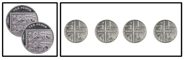 Select the correct number to complete the equation which represents the 10 pence and 5 pence coins. 2 × 10 = 4 ×  ___ p.