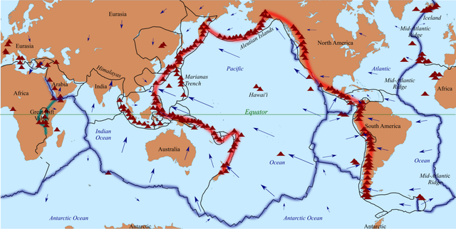 The red highlighted horse-shoe shaped line on this map is home to 75% of Earth's volcanoes. What is it called?