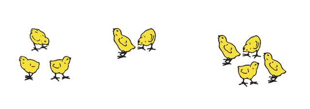 Look at the image then complete the sentence. The parts are __________. I know this because the number of chicks in each group is not the same.