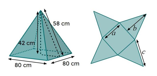 The diagram shows a pyramid and its net. Match each length marked on the net to the correct measurement on the pyramid.