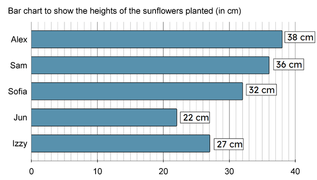Use the bar chart to answer the question below.  What is the difference in height between Sofia’s sunflower and Alex’s sunflower? <span class="blank">______</span> cm