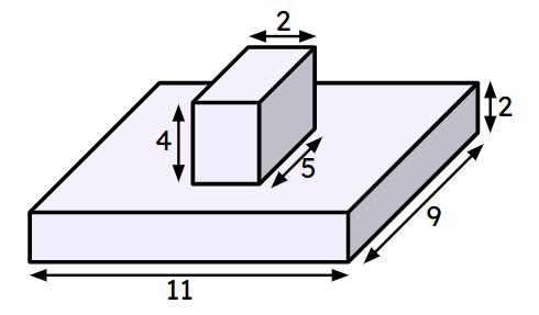 This composite solid is constructed from two cuboids. All lengths given are in centimetres. Calculate the total surface area of the solid.