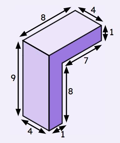 This composite solid is constructed from two congruent cuboids. All lengths given are in centimetres. The total surface area of the solid is <span class="blank">______</span> cm².