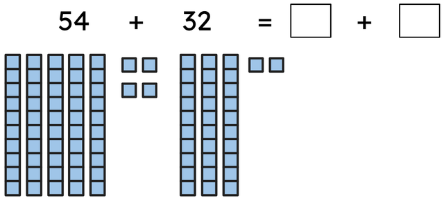 One of the Base 10 blocks has been moved over from one addend to the other. Which of the following could show the new equation? Tick two.