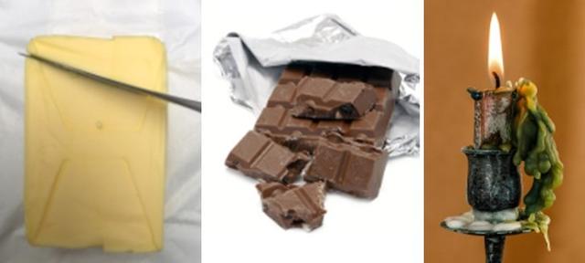 Everyday examples of materials which can change from <span class="blank">______</span> state to liquid state include butter, chocolate and candle wax.
