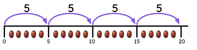 Jun uses skip counting to share 20 nuts between 5 mice. Use his count to help you work out how many nuts each mouse gets.
