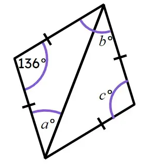 The diagram shows two congruent isosceles triangles put together to form a rhombus. Match each angle to its size.