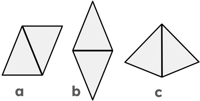 These shapes have been made using two identical triangles. Which shape does not have a line of symmetry?