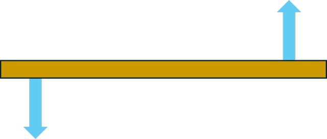 Two equal and opposite forces act on the ends of a ruler as shown by the arrows. The ruler is initially stationary. Which of the following describes what happens to the ruler?