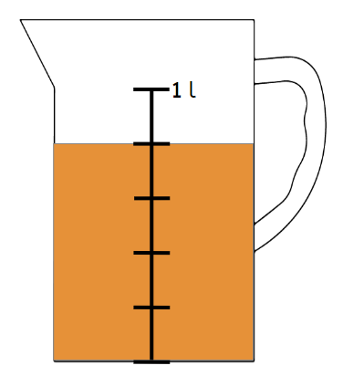 How much liquid is in the jug as a fraction and decimal of a litre?