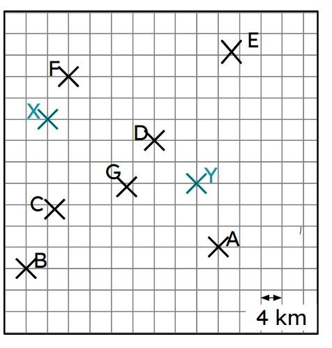 Two mobile phone masts (X and Y) can broadcast their signal to a maximum of 24 km. The further away from the mast, the weaker the signal is.  Which points will receive a signal from both masts?