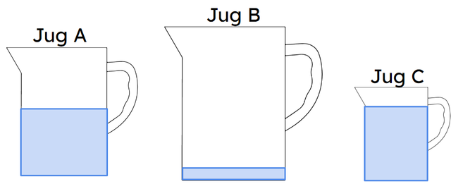 These jugs all contain 250 ml of water. Starting with the jug of water that represents the greatest part of the whole, put these jugs of water in order.