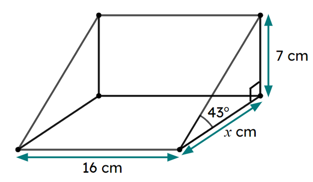 Work out the length of the edge marked <Math>x</Math> on this triangular prism. Give your answer to 3 significant figures.