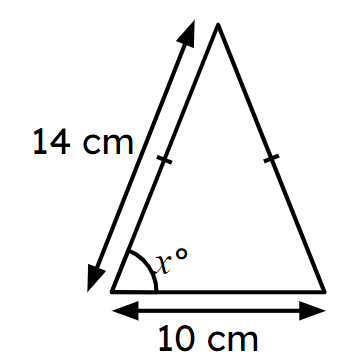 Work out the base angle in this isosceles triangle, to the nearest degree.