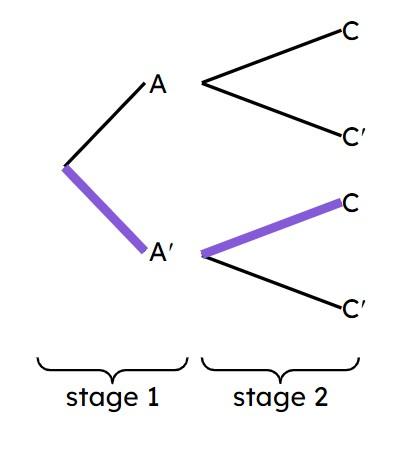 Here is a general probability tree. Which of these probabilities give the probability of the highlighted events?