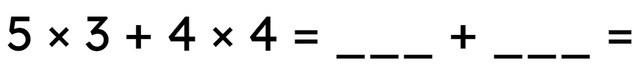 Use the equation to help solve this problem. A class is organised into five teams of three children and four teams of four children. There are <span class="blank">______</span> children in the class.