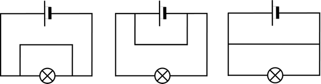 The diagram shows three electric circuits. How many of these have a short circuit?