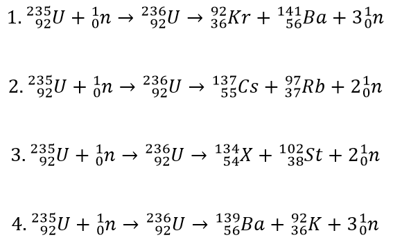 Which of the following nuclear equations could represent the fission of a uranium–235 nucleus?