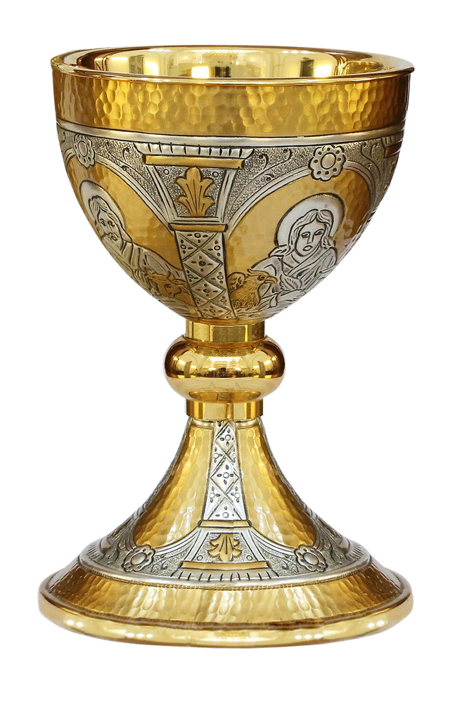 A gold chalice cup used to hold wine during religious ceremonies.